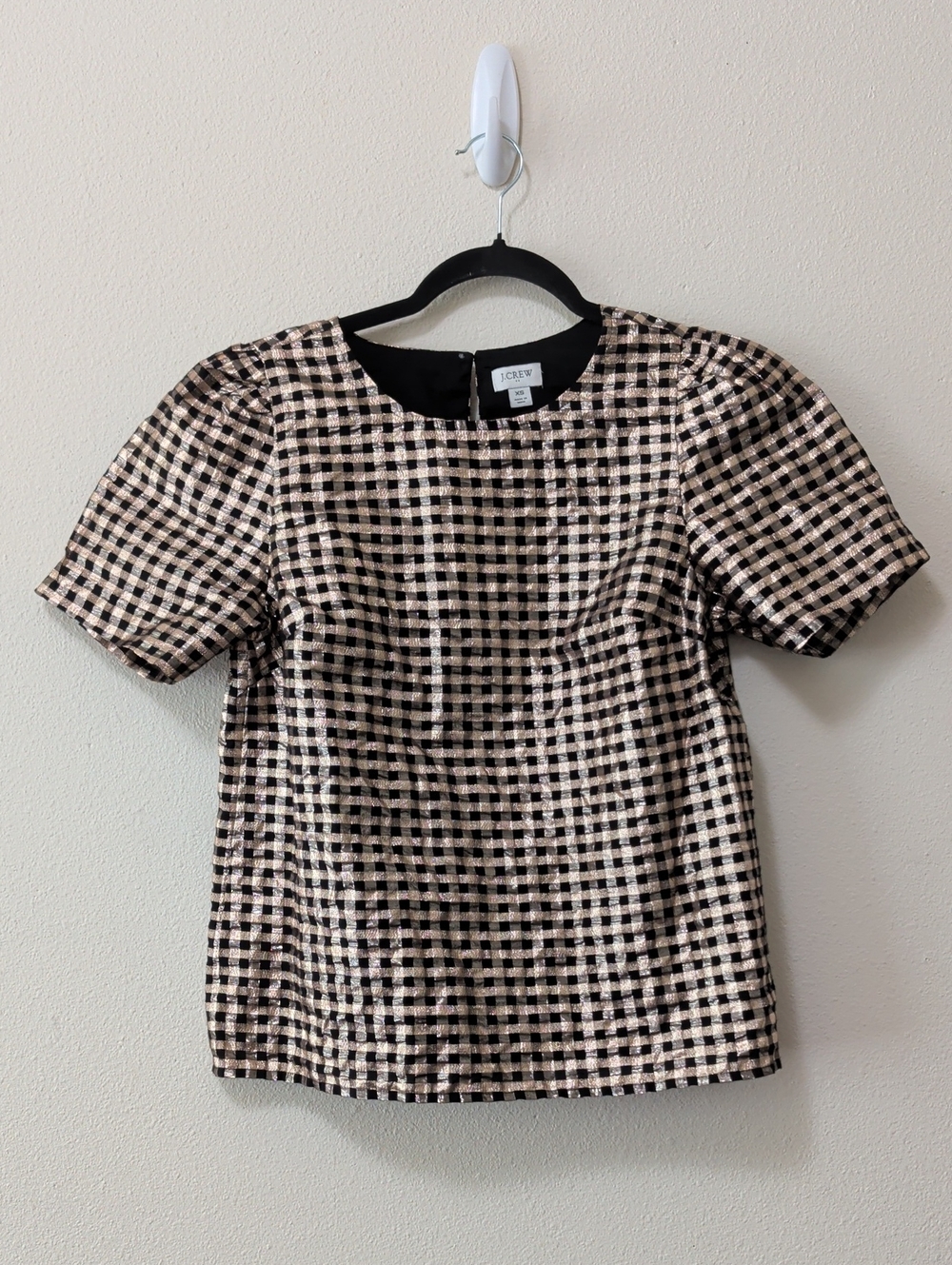 J. Crew Black and Gold Check Puff Sleeve Short Sleeve Top